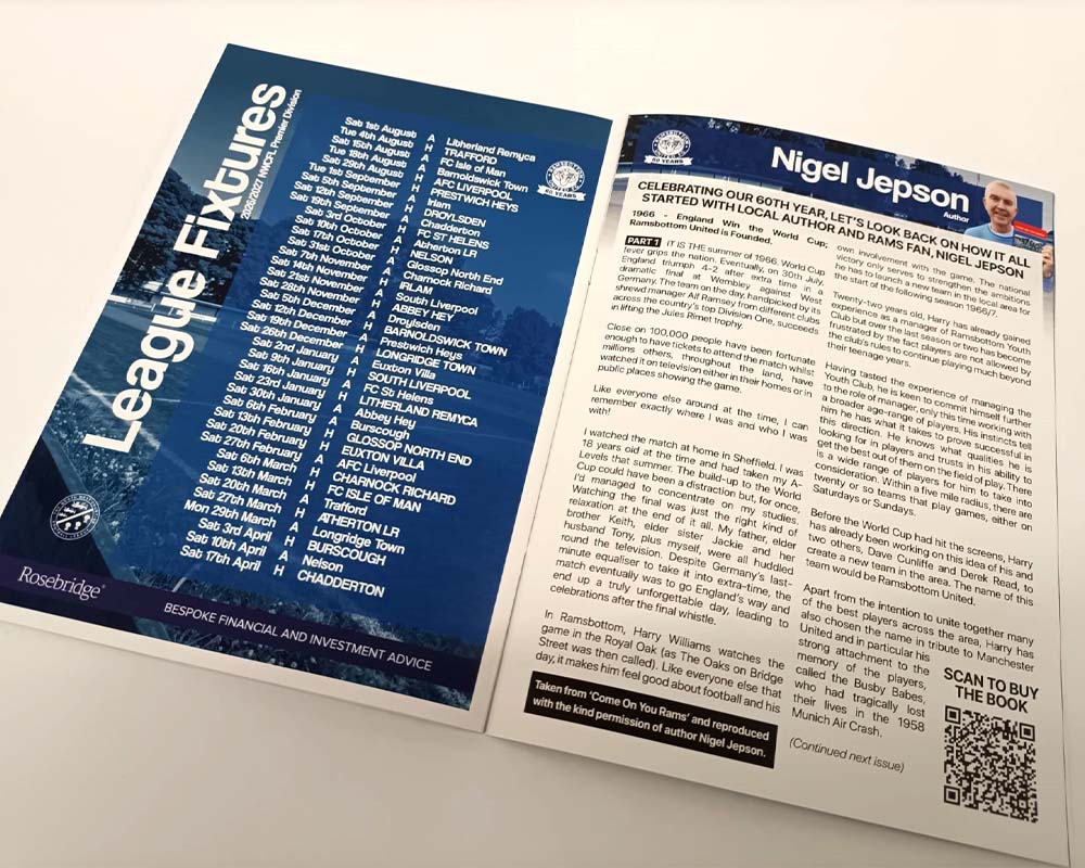 Inside pages of the Ramsbottom United FC matchday programme with the league fixtures.