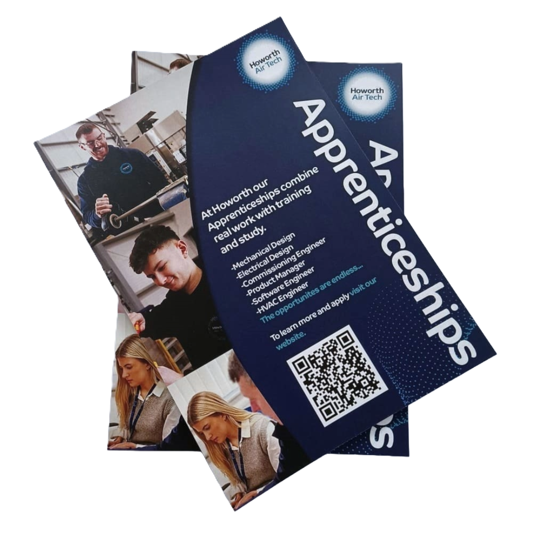 Crystal clear printed flyers from The Print Room, promoting apprenticeships, including images of apprentices, text and a QR code