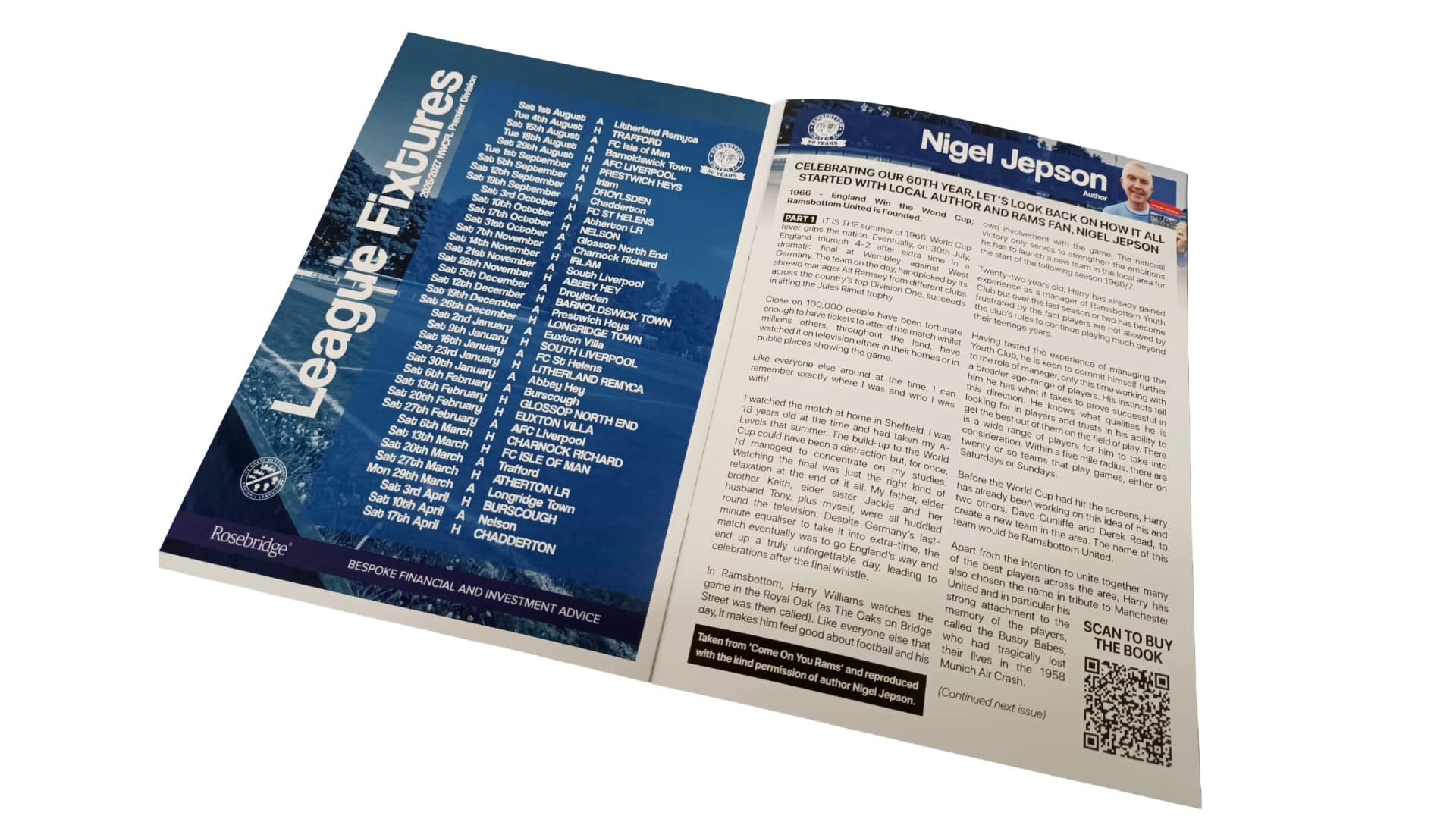 Inside pages of the Ramsbottom United FC matchday programme with the league fixtures.